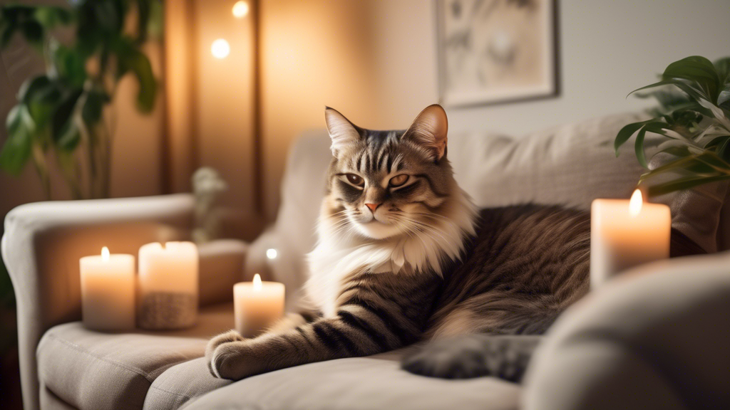 Create an image of a cozy living room with a cute cat lounging on a comfortable sofa. The room is clean and organized, with a litter box discreetly tucked away in a corner. Scented candles, air fresheners, and plants are strategically placed around the room to prevent any lingering cat urine odor. The image should convey a peaceful and harmonious coexistence between a cat and its home.