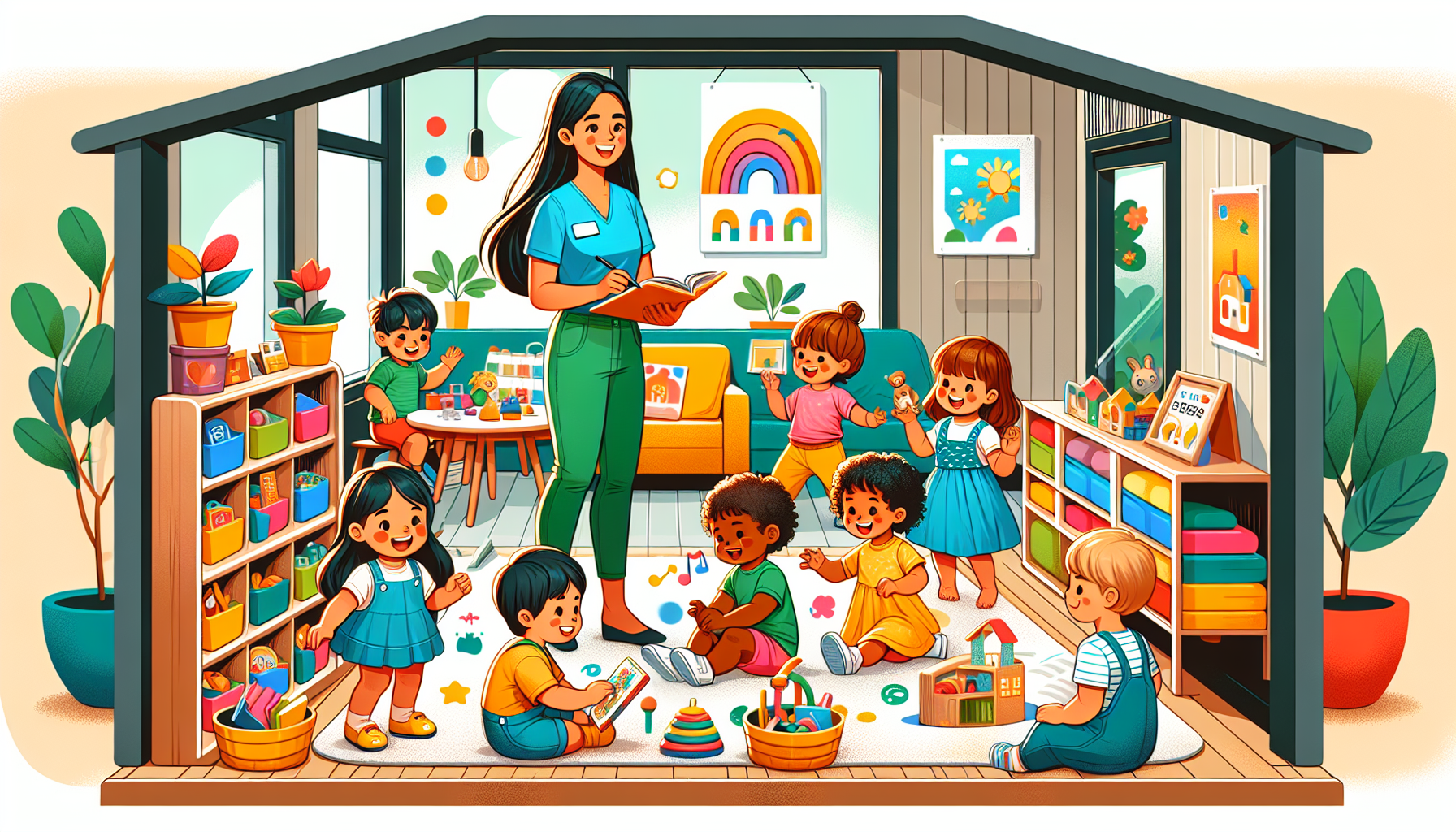 An inviting, colorful illustration of a cheerful home transformed into a daycare, with diverse children playing with educational toys, reading books, and a smiling caregiver supervising activities.