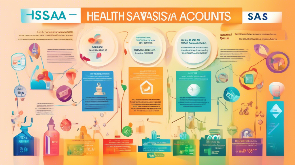 A colorful, detailed infographic explaining the benefits and how to use Health Savings Accounts (HSAs), set against a backdrop of medical and financial symbols.