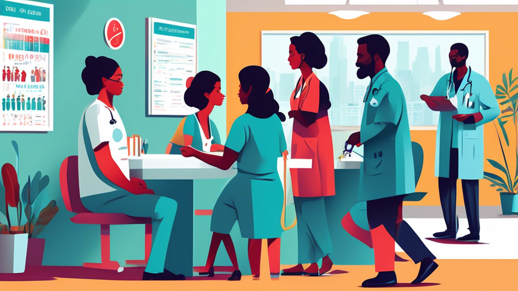 An illustration of a busy medical clinic in Charlotte with a large sign advertising same-day DOT physicals, featuring people of diverse backgrounds in a waiting room and medical staff assisting them.