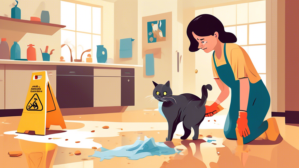 Create an image of a person cleaning up a cat urine mess in a home setting. Show cleaning supplies such as paper towels, enzymatic cleaner, gloves, and a scrub brush. The scene should convey a sense of frustration but also determination to tackle the mess efficiently. Make sure to include a pet cat in the background watching the cleanup process.