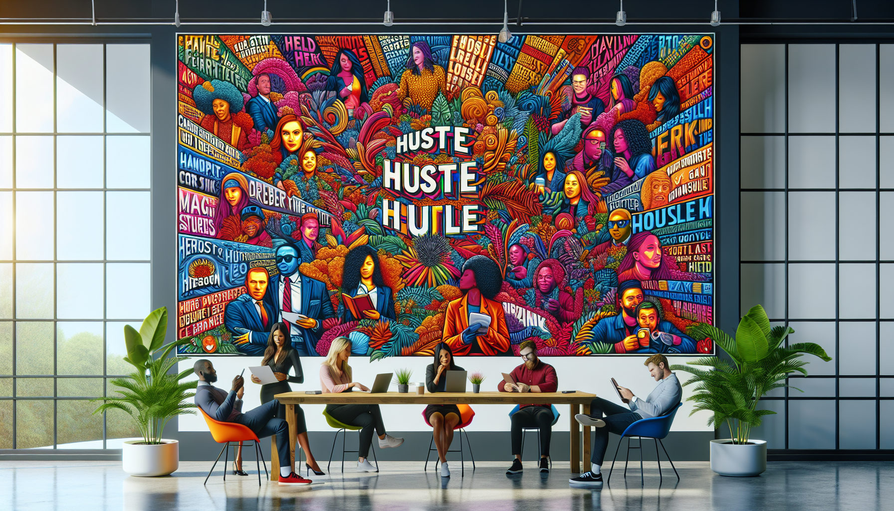 A vibrant, motivational workspace with a large, colorful mural on the wall featuring the top 90 inspiring hustle quotes, each styled uniquely, with people of various ethnicities in casual and business attire reading the quotes and feeling motivated, displayed in a bright, modern office environment with lots of plants and natural light.