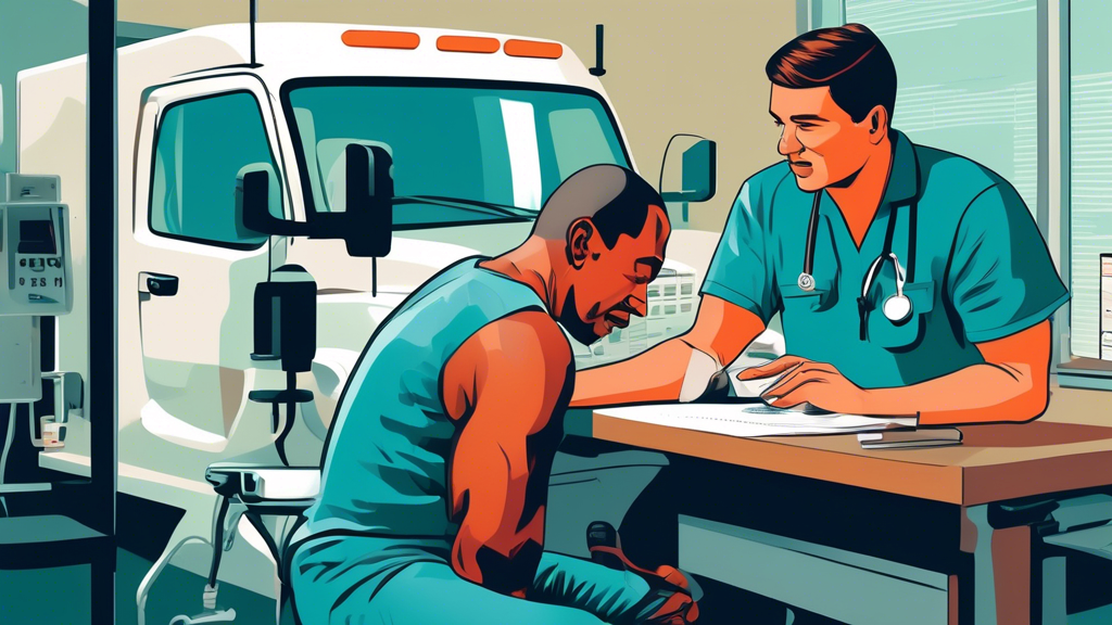 A detailed illustration of a truck driver undergoing a physical examination by a healthcare professional in a clinic in Charlotte, with medical equipment and a chart showing health requirements for truck drivers visible in the background.