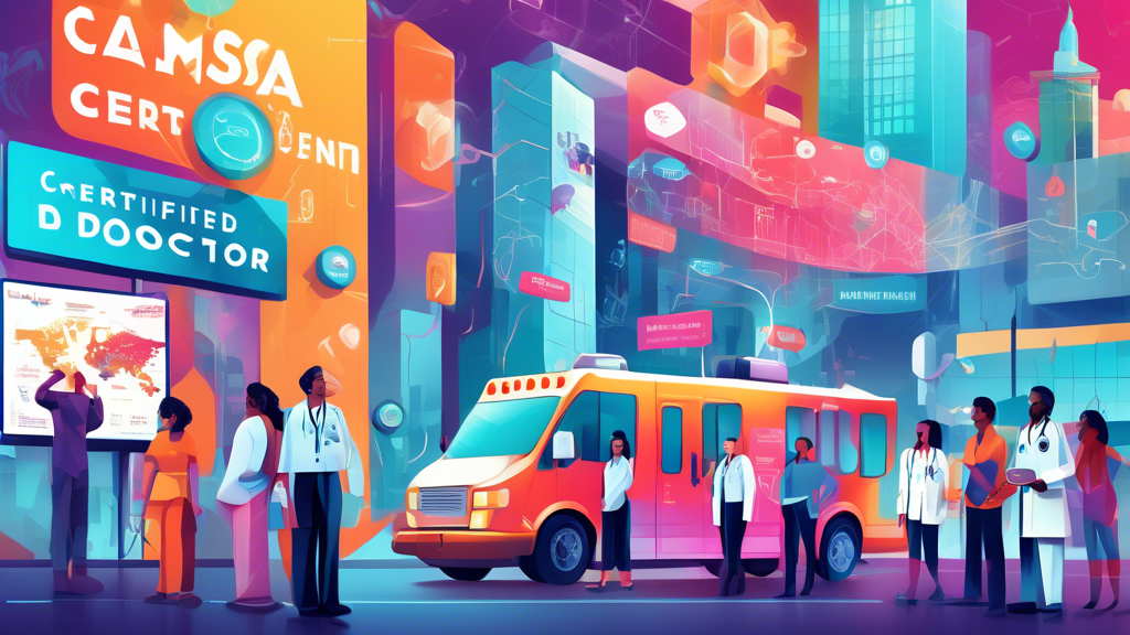 Digital illustration of a map pin locating a FMCSA-certified doctor in a bustling city environment, with diverse people examining a billboard listing certified medical professionals, in a futuristic, colorful style.