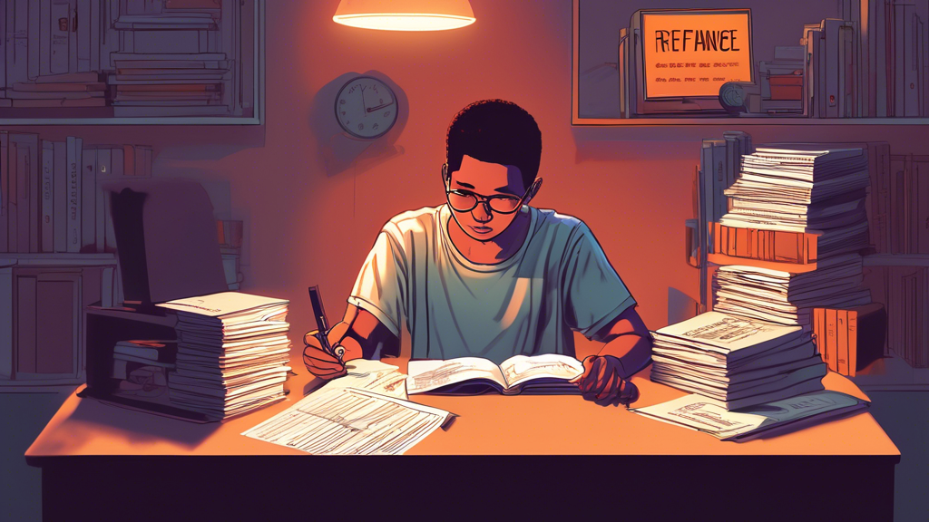 A digital illustration of a young person sitting at a desk surrounded by stacks of books and paperwork, thoughtfully analyzing a glowing, oversized calculator screen displaying the words Refinance Options. In the background, a simplified flowchart on the wall shows the path from Current Loans to Refinanced Loan, with a bright lightbulb symbolizing the idea of understanding shining overhead.