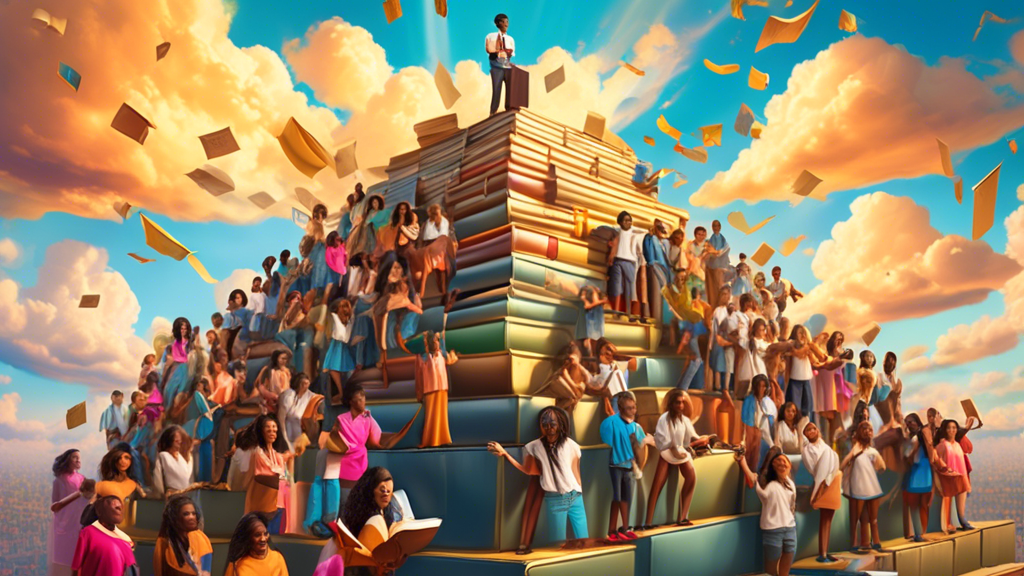 A vibrant and inspiring image of diverse students standing on opened giant books that lead up to a shining golden key in the sky, symbolizing unlocking opportunities through scholarships.