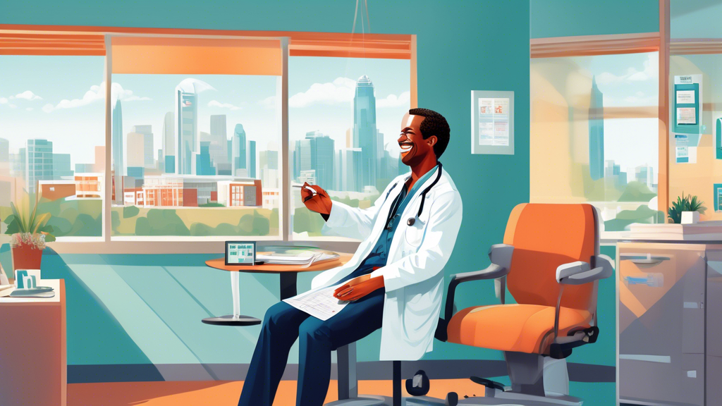 An illustrated scene of a relaxed and friendly doctor performing a DOT physical on a smiling truck driver in a bright and inviting medical office in Charlotte, North Carolina, with medical charts and a view of the Charlotte skyline visible through the window.