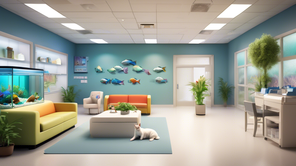 Create an image of a serene veterinary clinic waiting room, featuring a variety of calming elements such as colorful fish tanks, comfortable seating, and soothing ambient lighting. In the center of the room, a veterinarian is calmly holding a cat, demonstrating a technique to prevent cat spraying. The scene should convey a sense of trust and expertise, highlighting the importance of seeking professional advice to address common cat behavior issues.