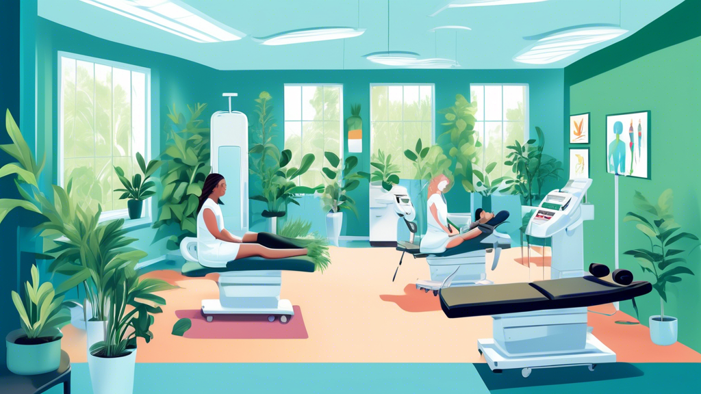 An inviting chiropractic clinic in Charlotte, NC, featuring modern rehabilitation equipment and a diverse group of patients receiving gentle spine adjustments, surrounded by green plants and calming blue walls.