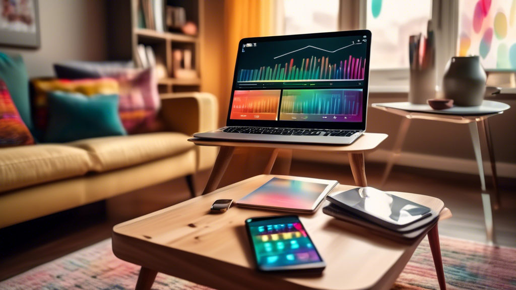 An image of a modern, cozy living room with a coffee table hosting a smartphone playing a financial podcast, surrounded by books on finance and a digital tablet displaying colorful charts, under a soft light.