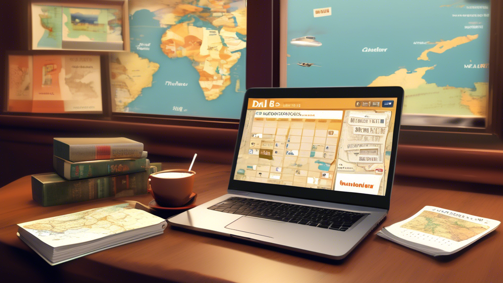 DALL-E prompt: Illustrate a savvy traveler using a fare comparison tool on a laptop in a cozy coffee shop, surrounded by travel books and a world map. The scene should depict different transportation options like a budget airline plane, a bus, and a train, symbolizing cost-effective travel choices. Include visual elements that emphasize flexibility, such as a calendar with adjustable dates, to showcase the importance of flexible travel dates for saving money.