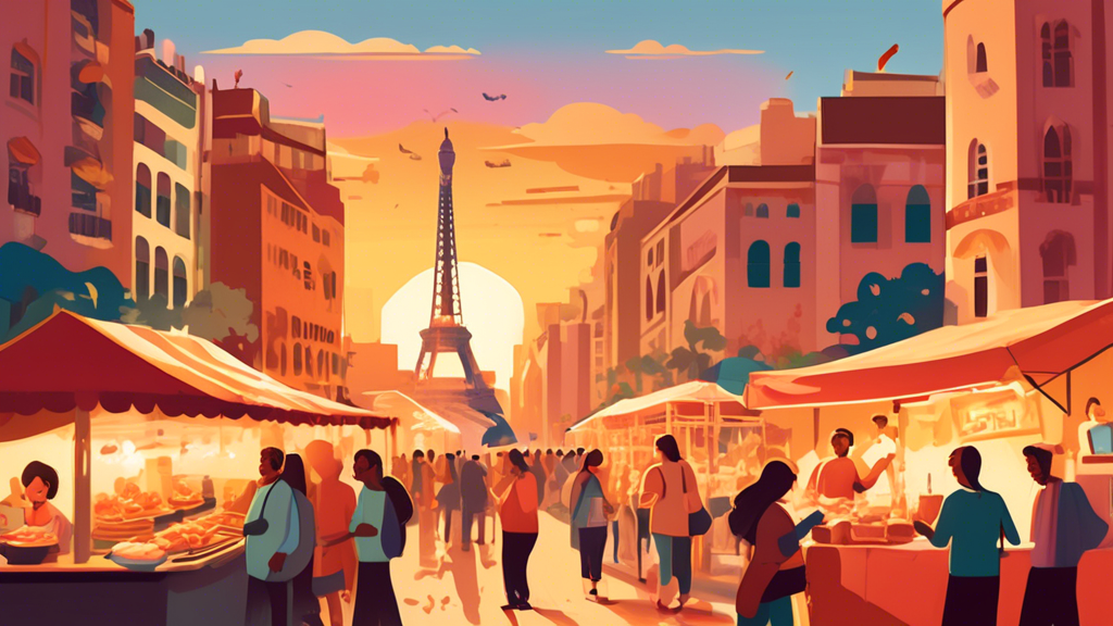 Create an imaginative illustration showing an enthusiastic traveler enjoying a vibrant street food market in a bustling city center, sampling local delicacies from a small vendor. In the background, depict other budget-savvy tourists participating in a free walking tour, with iconic cultural landmarks visible. Overhead, a soft sunset adds a warm glow to the scene, emphasizing the rich, authentic experience of budget travel.