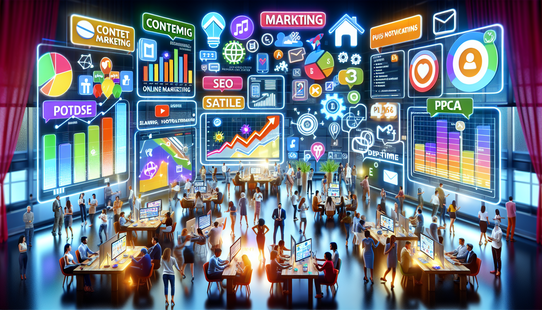 DALL-E prompt for an image showcasing various effective online marketing strategies: visualize a bustling digital marketing hub with multiple screens displaying different aspects such as a vibrant blog post for content marketing, a graph rising upwards illustrating SEO success, diverse social media platform interfaces engaging users, personalized email notifications on a smartphone, and a live PPC ads performance dashboard. Incorporate elements like engaging graphics, interaction between users, and modern, digital aesthetics to represent a dynamic and interconnected online marketing world.