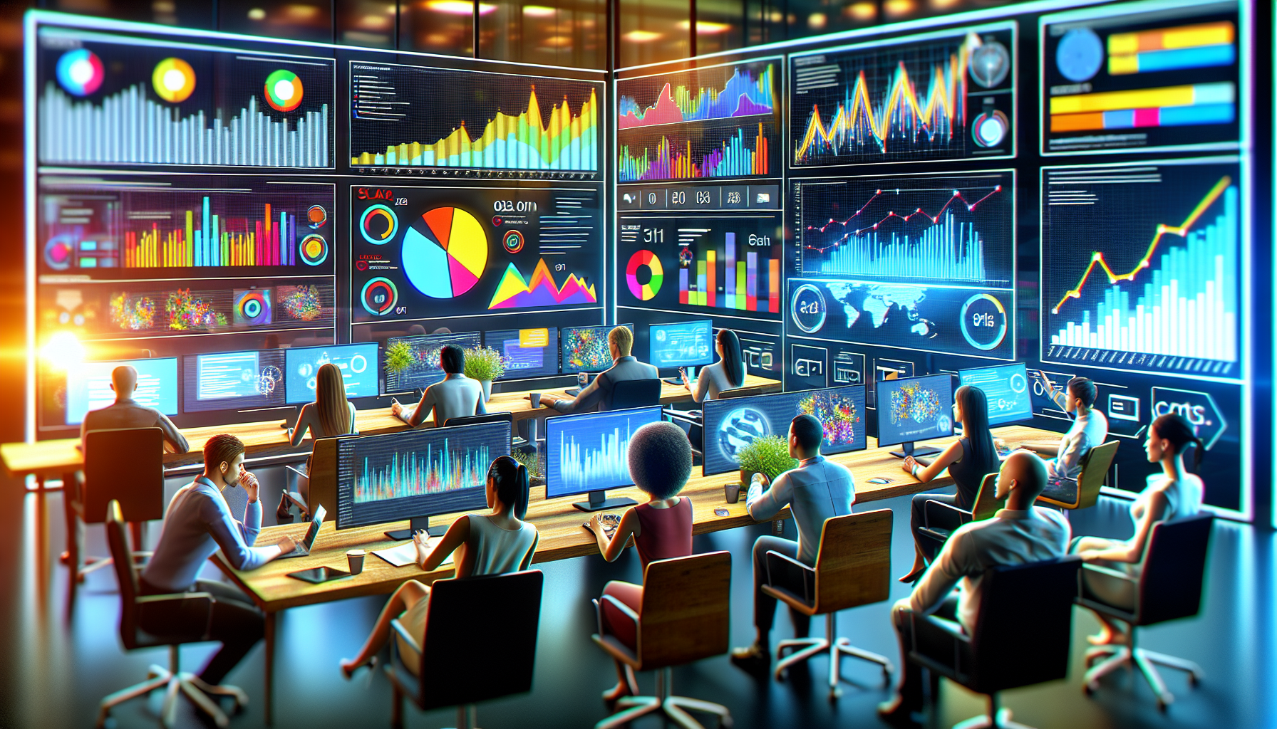 DALL-E prompt: A digital workspace filled with multiple screens showing different online marketing dashboards, each displaying various KPIs and analytics graphs. On one screen, a clear visualization of website traffic increase, another showing social media engagement metrics, and a third depicting email campaign performance. Include diverse professionals analyzing these data, taking notes, and discussing strategies for continuous improvement in a modern, vibrant office setting. The environment reflects a blend of technology and creativity, symbolizing a dynamic approach to implementing and measuring online marketing strategies.
