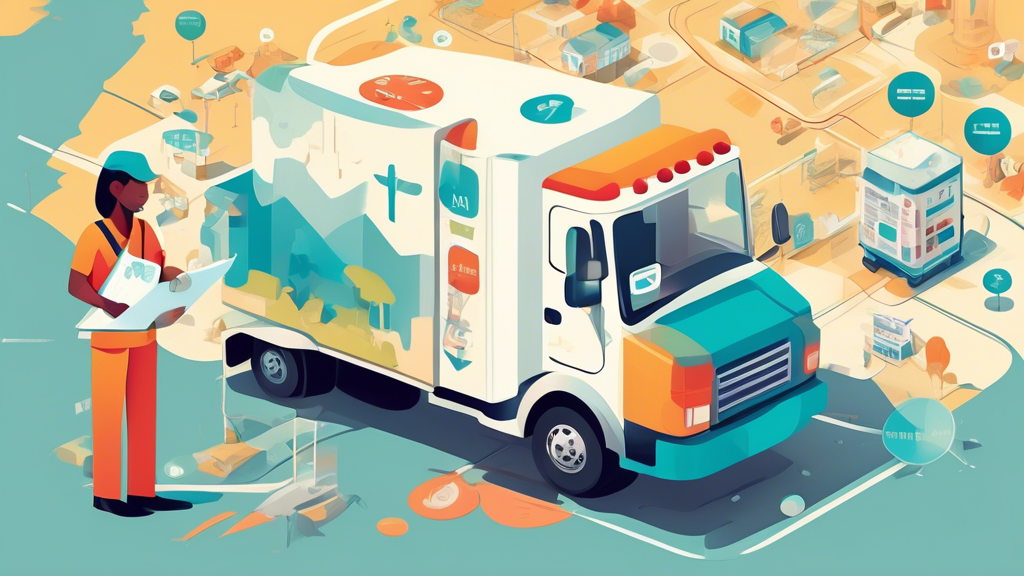 Digital artwork of a map with icons signifying locations of DOT medical test centers, featuring a stylized healthcare professional examining a truck driver in the foreground.