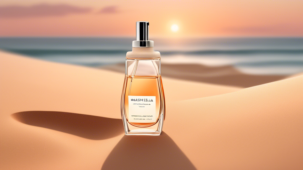 Create an image of a serene coastline at sunset, captured in the warm hues of the evening light, with a bottle of Maison Margiela