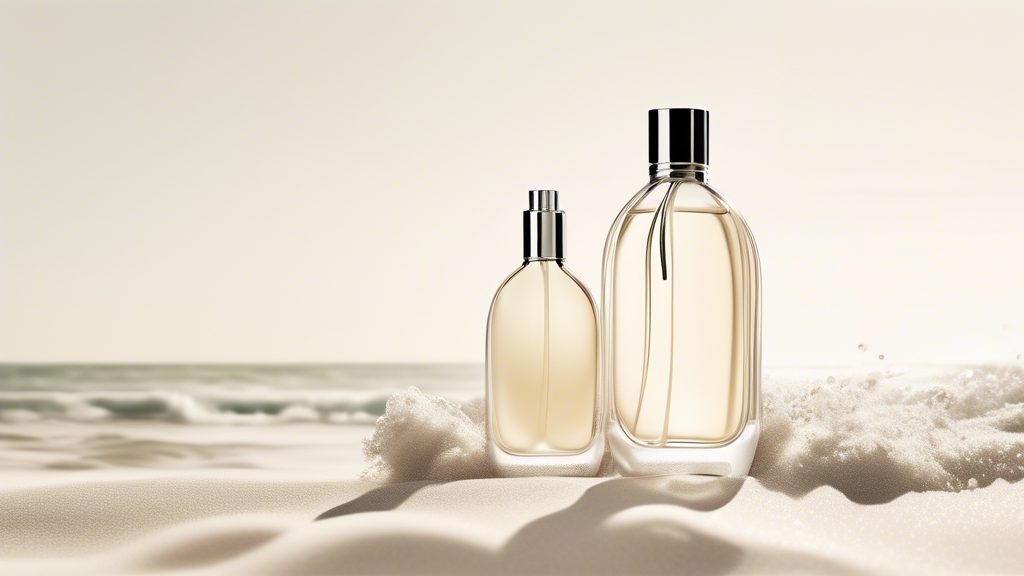 Create an image of a beach-goer confidently strolling along the shore with a bottle of Maison Margiela