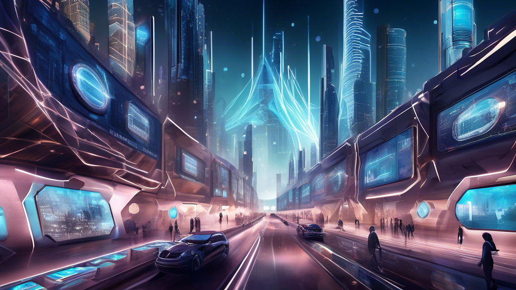 DALL-E prompt: Visualize a futuristic cityscape representing the rapid growth of Karrat Coin, with digital billboards displaying its increasing market value and unique features. Include a secure, high-tech vault symbolizing the enhanced security features of the coin, surrounded by glowing nodes and connections illustrating fast transaction speeds and privacy innovations. Additionally, incorporate subtle logos of major partnerships that enhance its credibility, all under a bright, optimistic sky hinting at its potential for high returns.