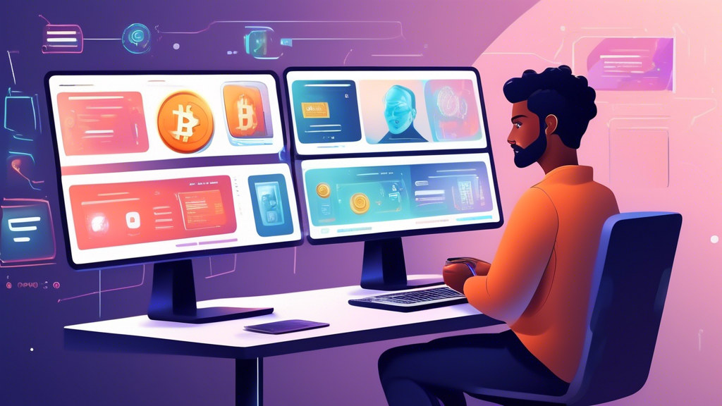 DALL-E prompt: Illustrate an educational scene where a person, seated at a modern, digital work desk surrounded by multiple high-tech screens, is purchasing Karrat Coin crypto through an online exchange platform. On one screen, display a step-by-step tutorial on buying Karrat Coin, while another shows various secure wallet options. Include visual elements like symbols of security (like padlocks) and growth (like upward trending arrows) to emphasize future prospects and security. The environment should be sleek and professional, reflecting the cutting-edge nature of cryptocurrency investment.