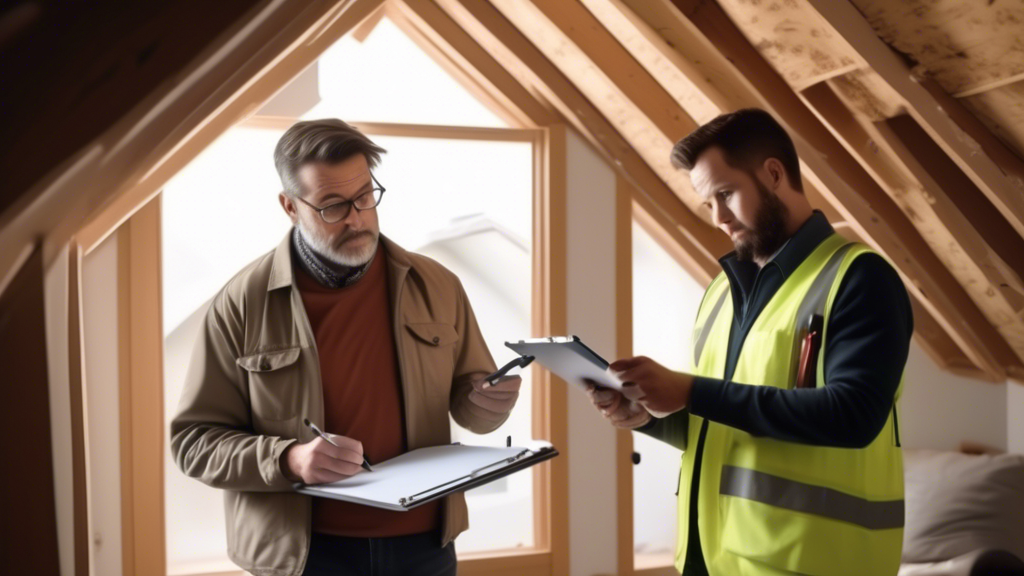 An attentive Spokane home inspector checking the attic of a house with a clipboard in hand, while a homeowner follows, taking notes on what to expect and how to prepare for their home
