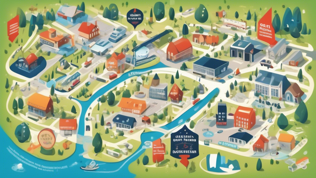 An illustrated map of Spokane highlighting the locations of the top local drain cleaning services, with icons representing different services offered by each company, including customer rating stars floating above each icon.