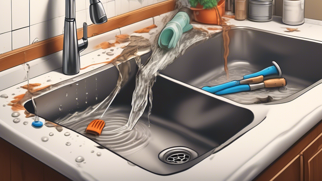 An illustrated step-by-step guide on DIY drain cleaning techniques specific to Spokane, showing homeowners using simple tools and eco-friendly products to clear a clogged kitchen sink, with annotations on best preventative practices for the region