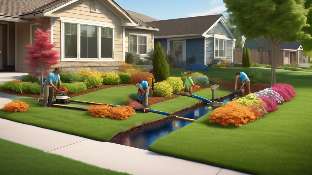 DALL-E prompt: Illustrate a vibrant suburban backyard with a small work crew performing trenchless sewer repair. Show minimal disturbance to the landscaped garden, which includes a lush lawn and colorful flower beds. The image should also feature modern equipment like a directional drilling machine and cured-in-place pipe lining setup. Display a side-by-side comparison with a second, smaller inset image of a traditional sewer repair method with extensive digging disrupting a similar garden. Highlight a clear contrast in landscape impact between the two methods.