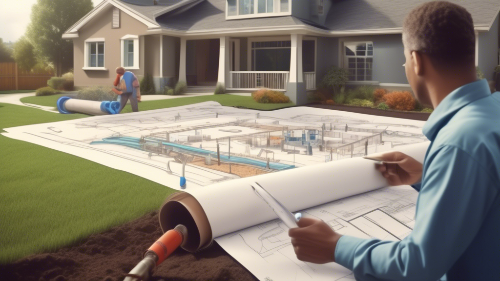 An animated scene of a homeowner consulting with a qualified contractor over a blueprint, with icons representing different trenchless sewer repair methods like pipe bursting and pipe relining, set against a backdrop of a suburban neighborhood illustrating various soil types and a semi-transparent overlay showing underground pipes.