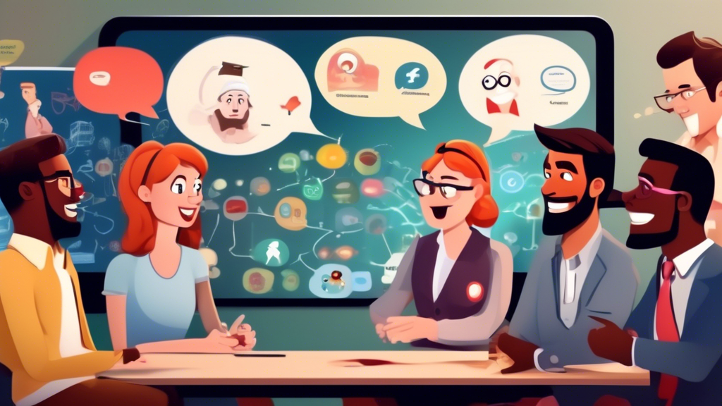 An animated discussion featuring cartoon characters representing different sectors—Education, Customer Service, Personal Development, and Entertainment—using a digital board to display and explain top ChatGPT prompts in their respective categories, with thought bubbles showing potential engaging responses from ChatGPT.