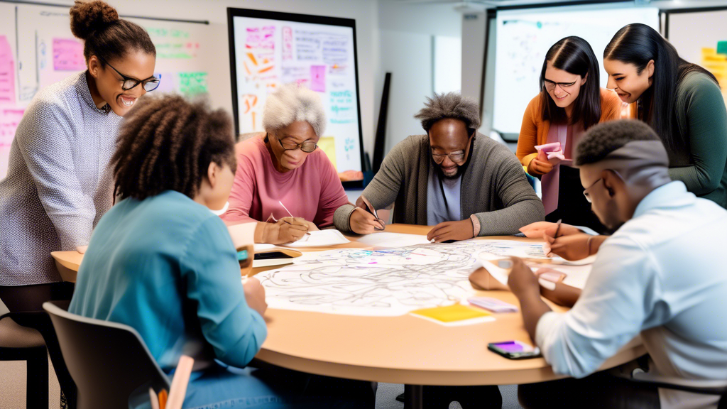 An image of a diverse group of people of different ages and backgrounds sitting around a large, round table covered with papers and digital devices, passionately discussing and scribbling notes. They are clearly engaged in a creative workshop setting, with a large whiteboard in the background filled with colorful sticky notes, diagrams, and the words 
