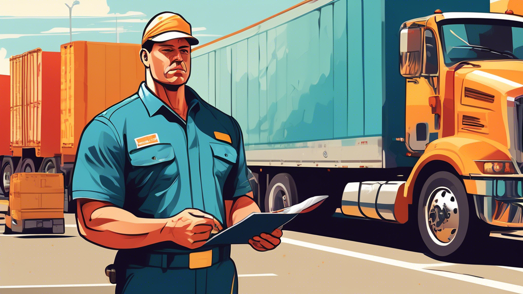 Portrait of a heavy vehicle driver in Charlotte, showing a driver in uniform conducting a pre-trip inspection on a large truck, with a detailed display of fitness equipment and a physical health checklist in the background, set in a sunny industrial area.