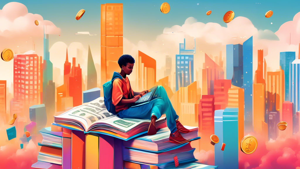 A whimsical illustration of a young person sitting on a giant, open book titled 