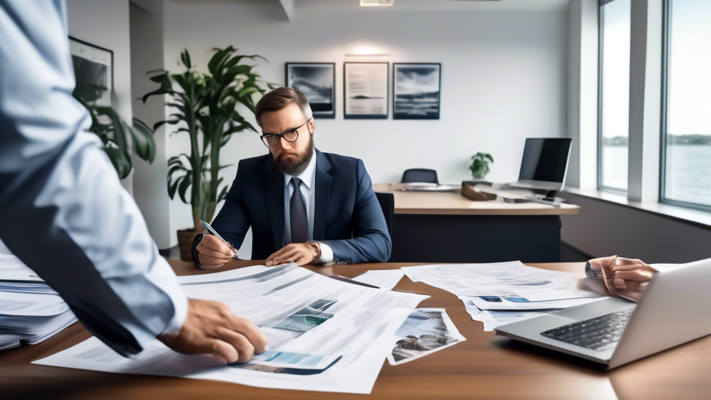 Visualize a detailed client meeting environment with a client preparing to work with a boat accident lawyer: the client, organized and anxious, unfolds various documents and photos of the accident scene on a sleek, modern office desk. The lawyer attentively reviews the information, pointing at specific documents, discussing the key points. A laptop is open showing a digital maritime law reference. Light streams through a window overlooking a marina, subtly reminding of the case subject. This office scene captures preparation, professional consultation, and a focus on specialized boat accident legal services.