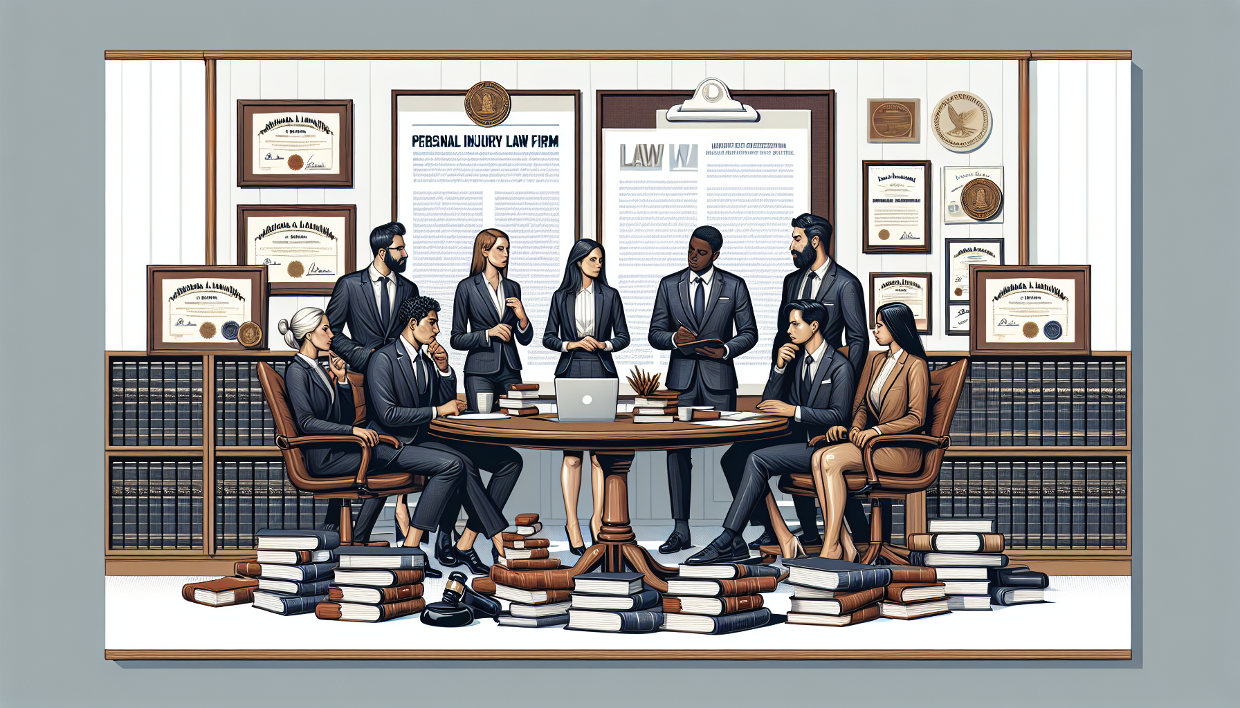 DALL-E, create an image of a diverse group of focused lawyers discussing around a table with stacks of legal books and a laptop displaying a 