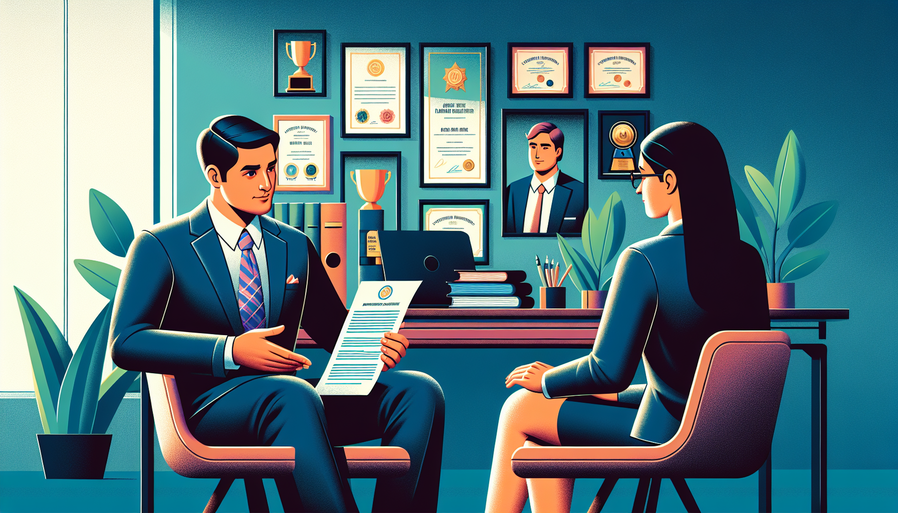 Create an image of a professional and thoughtful client seated across from a personal injury lawyer in a well-appointed office. The lawyer is presenting a document that outlines their fee structure while explaining the details. The background should subtly display awards and certificates to hint at the lawyer