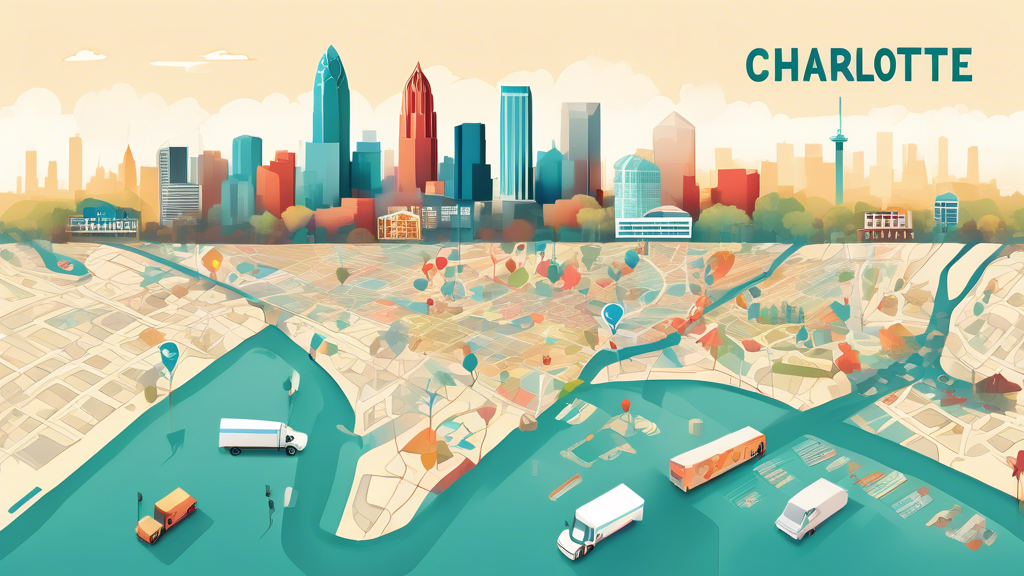 Digital illustration of a detailed map of Charlotte, North Carolina, highlighted with symbols of medical clinics and a semi-truck icon, symbolizing places to get a DOT physical, with a serene backdrop of the city skyline and calming colors.