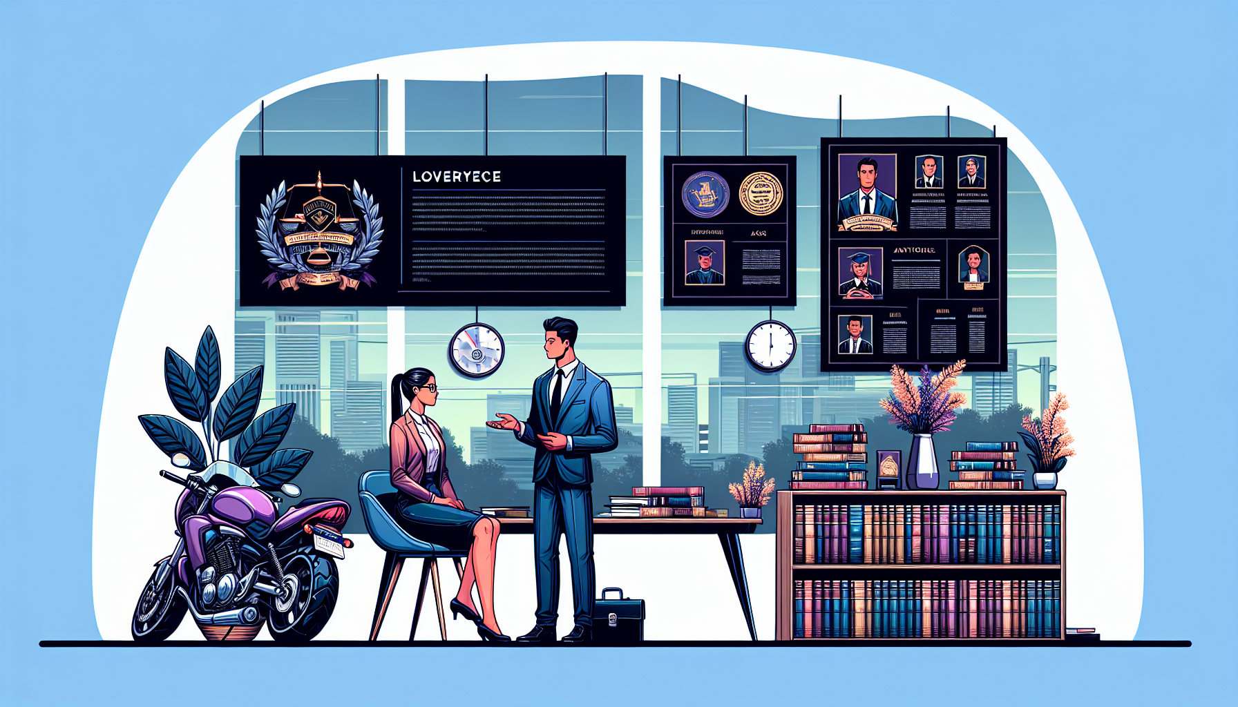 Depiction of a confident, professional motorcycle accident lawyer in an office, surrounded by legal books and motorcycle law case files, displaying a wall of awards and successful case testimonials. The lawyer is seen discussing strategies with a client, showcasing clear communication skills and a caring demeanor, with a digital board in the background highlighting their track record and credentials.