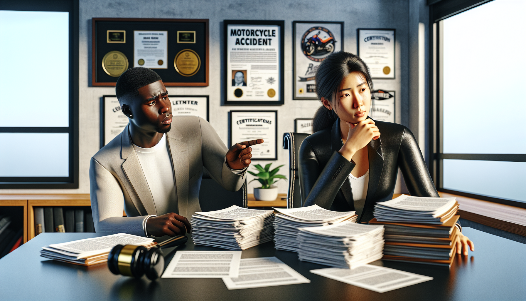 Image of a person sitting at a desk with a stack of legal documents, pensively consulting with a motorcycle accident lawyer who is explaining a document. Both individuals are in a well-lit, professional office environment, indicative of a serious legal consultation. The lawyer, displaying confidence and expertise, points to a section of the document, while the client, showing a focused expression, listens intently. In the background, there are visible certifications and legal books related to motorcycle law.