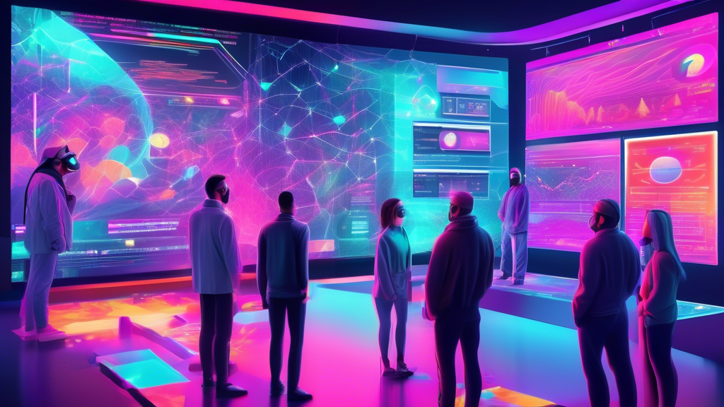 Digital artists and investors examining a large, dynamic display of a futuristic SEI Network interface showcasing various NFTs, illustrating the technical benefits such as scalability, speed, and cost-efficiency along with a vibrant visualization of potential markets and successful NFT projects within the network.