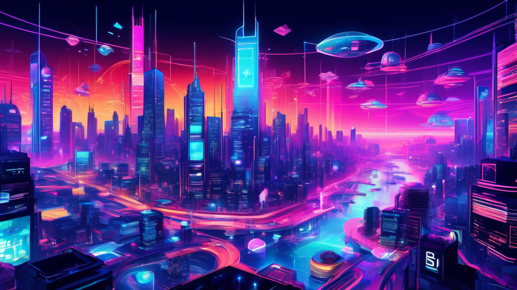 Visualize the future of digital collectibles on the SEI Network: a detailed digital art piece featuring a futuristic cityscape where digital screens display various NFT artworks, each enhanced by SEI Network