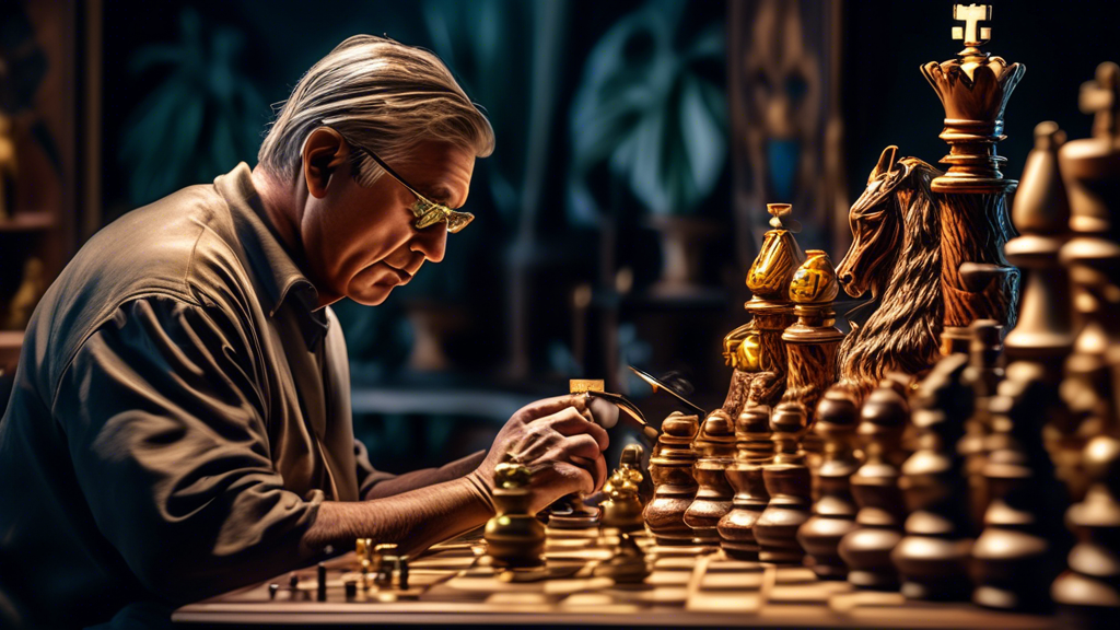 An artisan carefully crafting a luxury chess set, meticulously setting a precious stone into an ornately carved chess piece made of exotic wood and detailed with gold accents, with a background showcasing an array of other high-quality materials like metals and rare woods used in luxury chess sets.