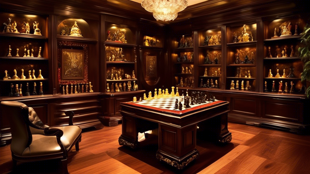 **DALL-E Prompt:**
Create a sophisticated and luxurious image of a dimly lit, elegant study room with mahogany shelves filled with an impressive collection of luxury chess sets. Each set is uniquely crafted, featuring materials like ebony, gold, and encrusted with precious stones like diamonds and rubies. In the foreground, a grand, richly carved wooden table displays an elaborate chess set with ivory and emerald pieces, reflecting soft light from a classic chandelier above. The ambiance evokes a sense of prestige, history, and wealth, illustrating the investment and collectible status of luxury chess sets. Include a plush leather armchair beside the table with open auction catalogues showing famous sales of chess sets.