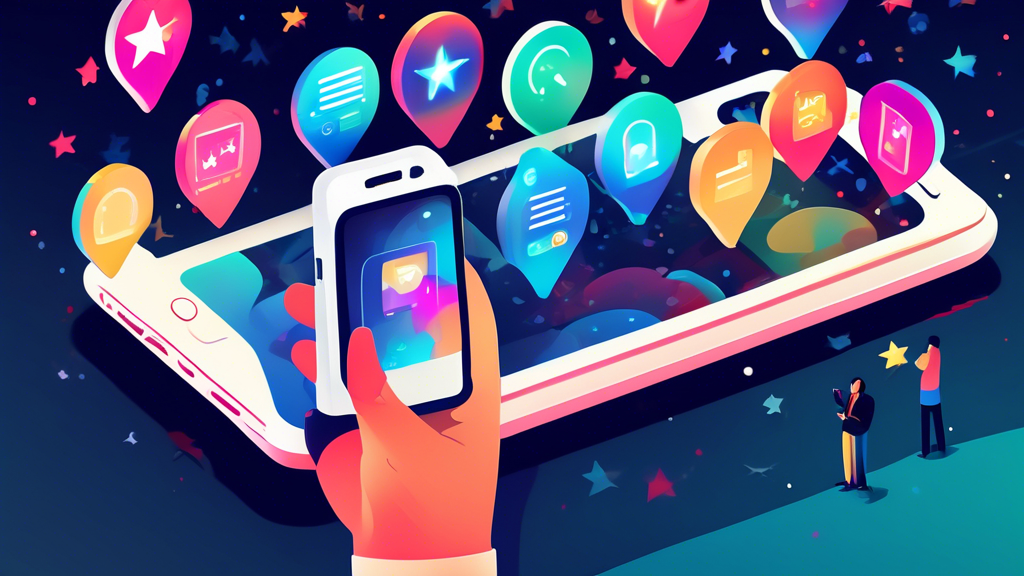 A hand holding a magnifying glass over a smartphone displaying a website with glowing five-star customer reviews, surrounded by other floating phones with positive comments and testimonials.