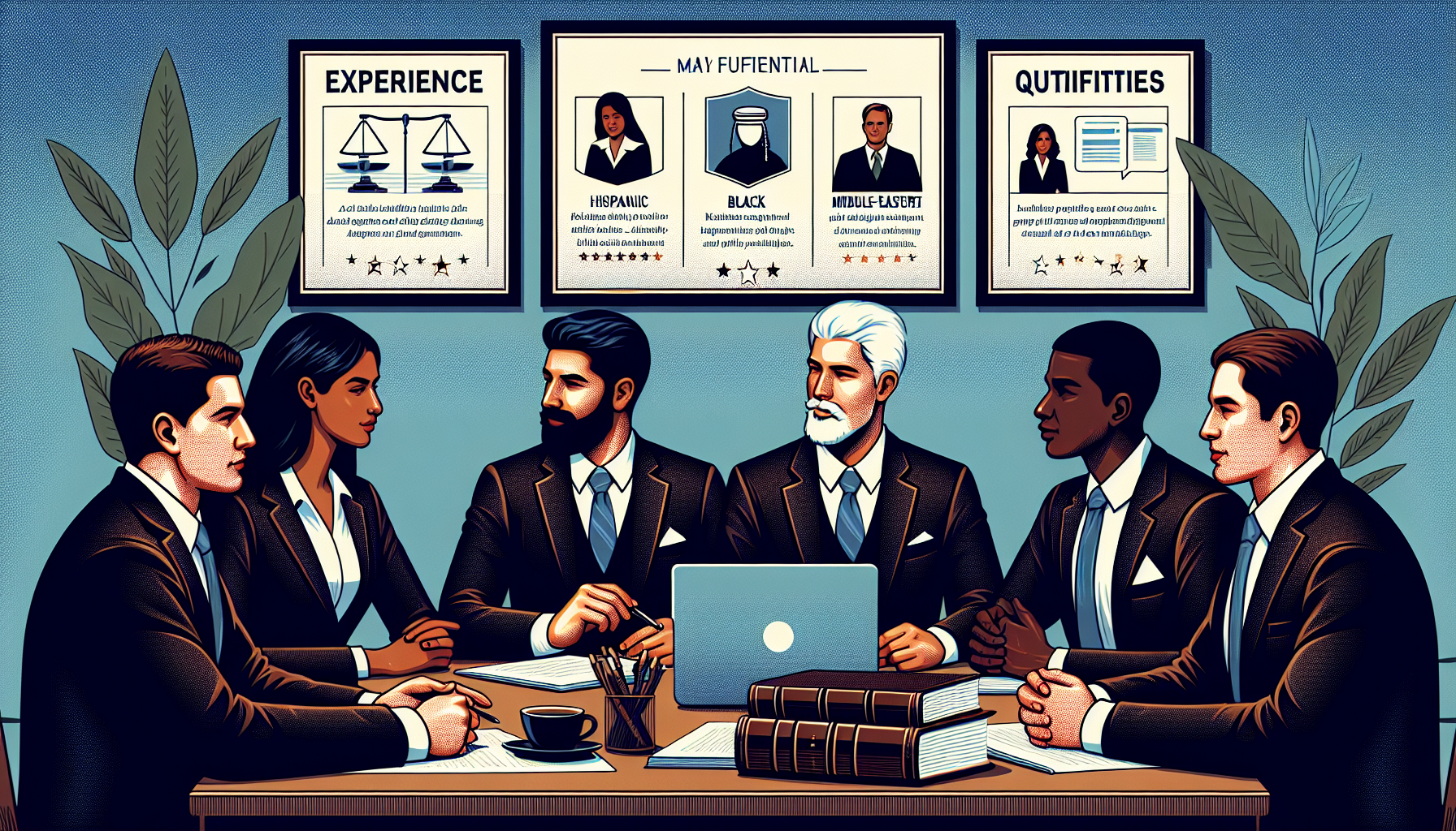 DALL-E, create an image of a diverse group of focused lawyers discussing around a table with stacks of legal books and a laptop displaying a 