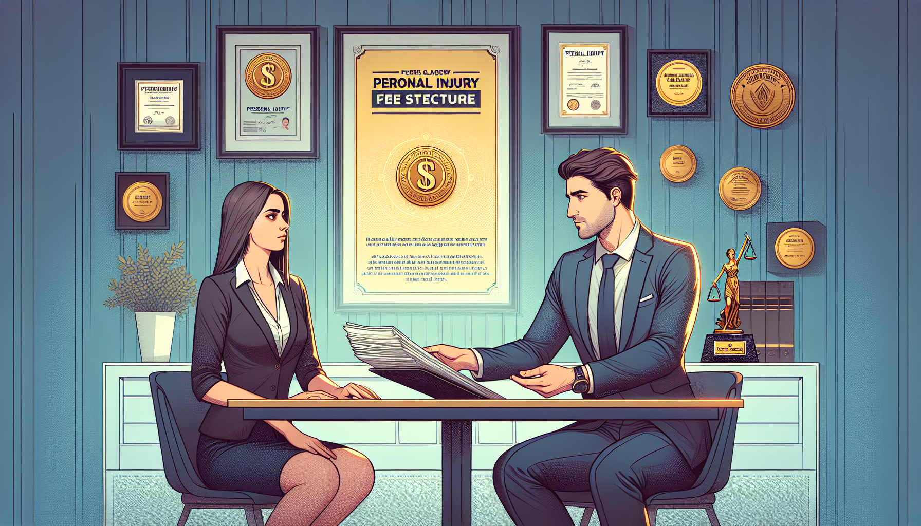 Create an image of a professional and thoughtful client seated across from a personal injury lawyer in a well-appointed office. The lawyer is presenting a document that outlines their fee structure while explaining the details. The background should subtly display awards and certificates to hint at the lawyer