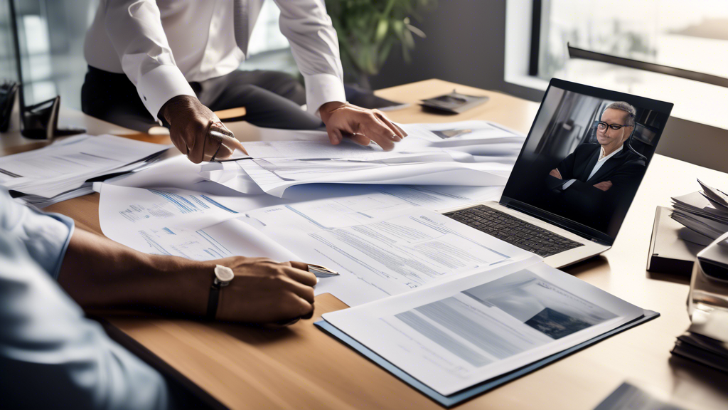 Visualize a detailed client meeting environment with a client preparing to work with a boat accident lawyer: the client, organized and anxious, unfolds various documents and photos of the accident scene on a sleek, modern office desk. The lawyer attentively reviews the information, pointing at specific documents, discussing the key points. A laptop is open showing a digital maritime law reference. Light streams through a window overlooking a marina, subtly reminding of the case subject. This office scene captures preparation, professional consultation, and a focus on specialized boat accident legal services.