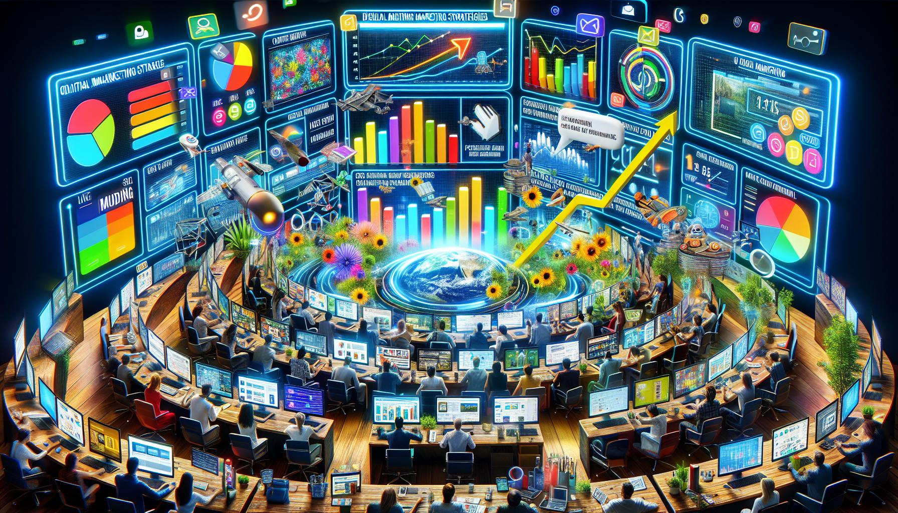 DALL-E prompt for an image showcasing various effective online marketing strategies: visualize a bustling digital marketing hub with multiple screens displaying different aspects such as a vibrant blog post for content marketing, a graph rising upwards illustrating SEO success, diverse social media platform interfaces engaging users, personalized email notifications on a smartphone, and a live PPC ads performance dashboard. Incorporate elements like engaging graphics, interaction between users, and modern, digital aesthetics to represent a dynamic and interconnected online marketing world.