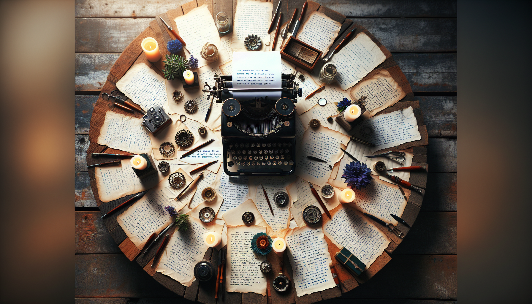 Vintage typewriter on a rustic wooden table surrounded by scattered papers and candles, each paper illuminated with different handwritten inspirational quotes under a soft morning light.