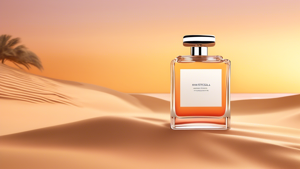 Create an image of a serene coastline at sunset, captured in the warm hues of the evening light, with a bottle of Maison Margiela