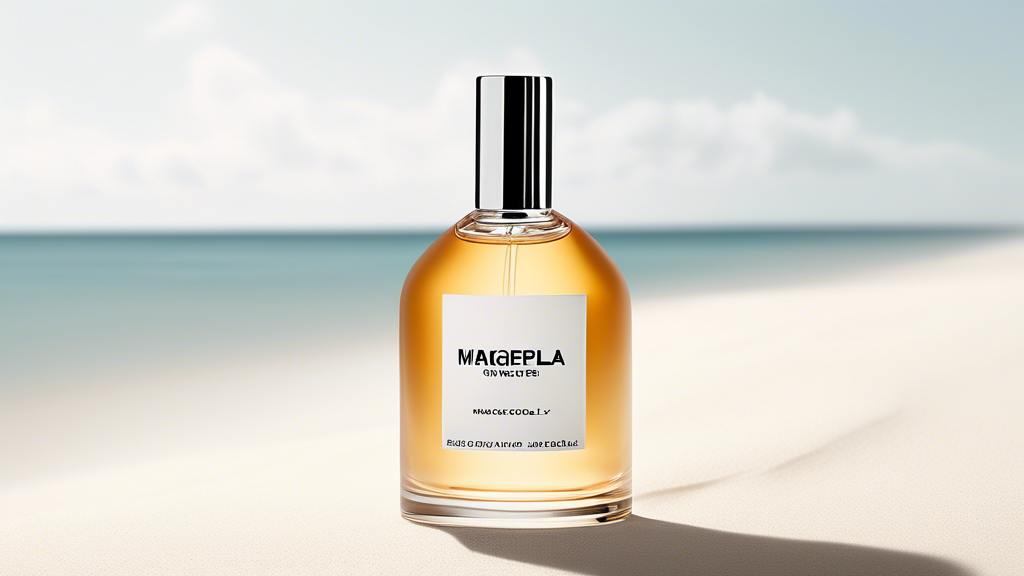 Create an image of a beach-goer confidently strolling along the shore with a bottle of Maison Margiela